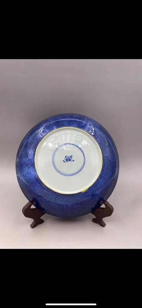 古玩陶瓷清康熙 灑藍開光五彩山水花卉紋盤拍賣，當前價格4500元