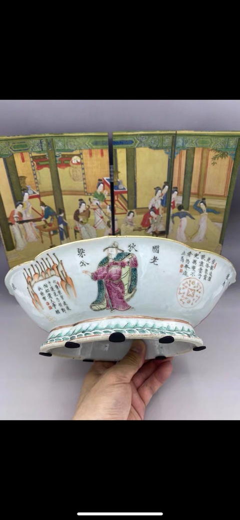 古玩陶瓷清道咸時期 粉彩無雙譜人物高足貢碗拍賣，當前價格9777元