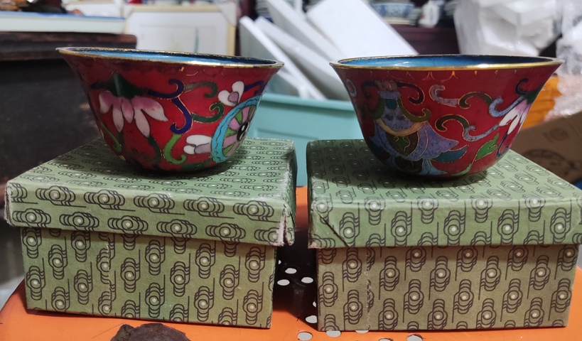 古玩雜項創匯期景泰藍掐絲琺瑯小碗一對拍賣，當前價格268元