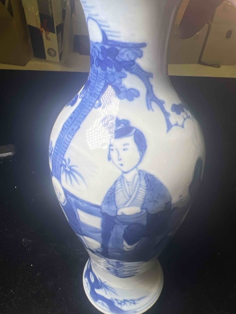 古玩陶瓷三娘教子圖青花觀音瓶真品鑒賞圖