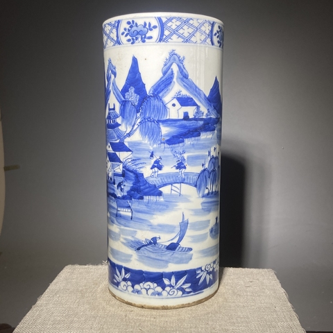 古玩陶瓷青花山水人物紋帽筒真品鑒賞圖