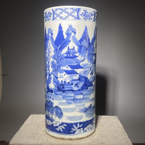 古玩陶瓷青花山水人物紋帽筒真品鑒賞圖