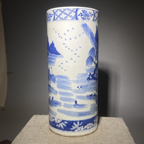 古玩陶瓷青花山水人物紋帽筒真品鑒賞圖