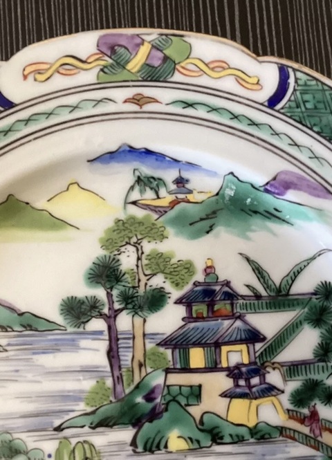 古玩陶瓷青花五彩山水紋盤真品鑒賞圖