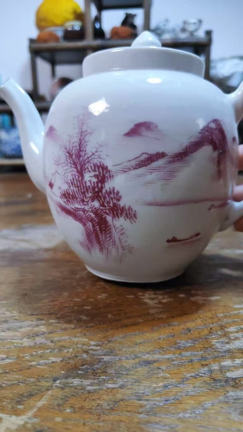 古玩陶瓷胭脂紅山水人物茶壺拍賣，當前價格1000元