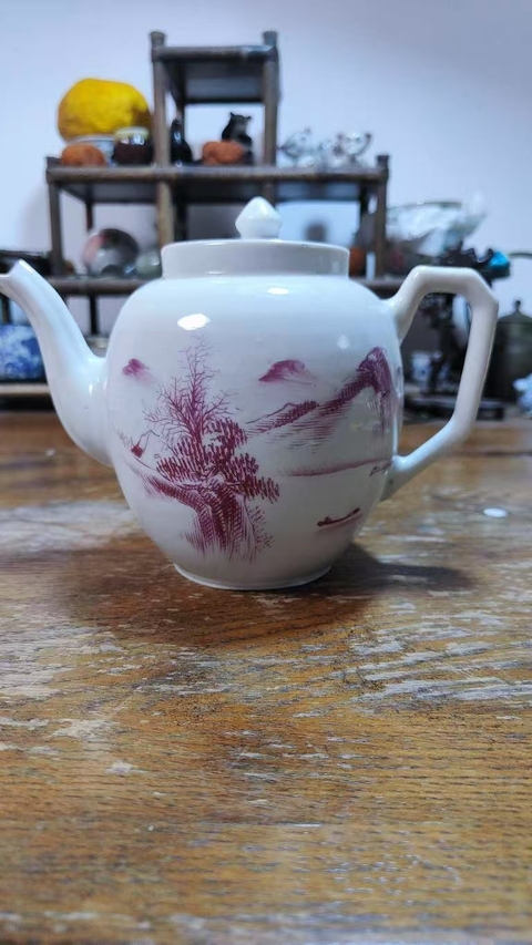 古玩陶瓷胭脂紅山水人物茶壺拍賣，當前價格1000元