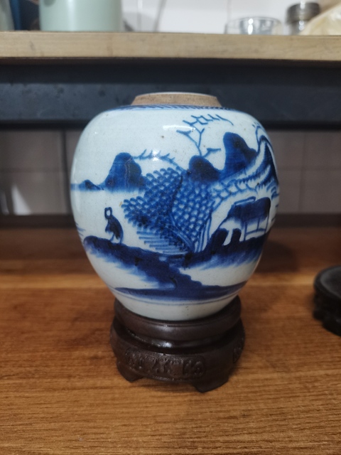古玩陶瓷清早期雍正青花山水人物罐拍賣(mài)，當(dāng)前價(jià)格1500元