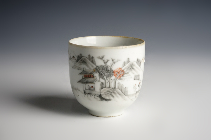 古玩陶瓷晚清·墨彩山水詩文把杯真品鑒賞圖