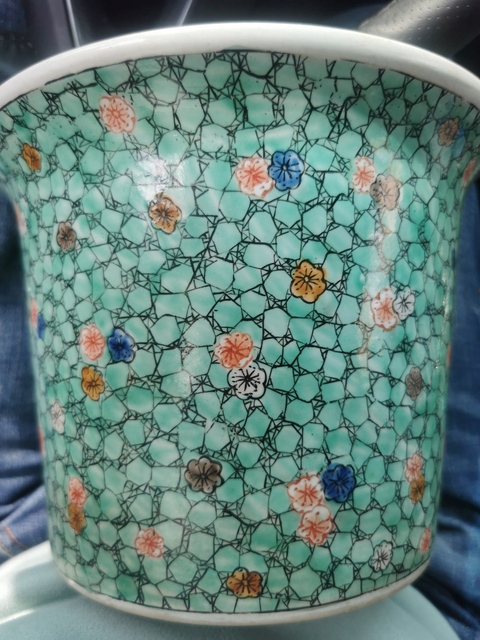 古玩陶瓷冰梅紋五彩花盆真品鑒賞圖