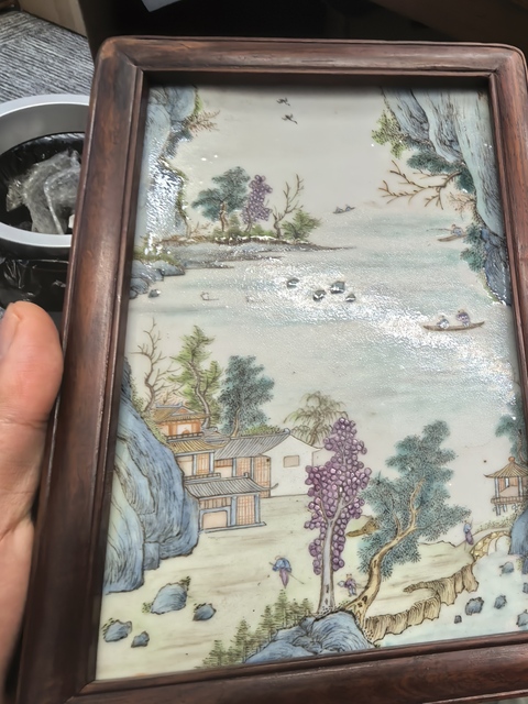 古玩陶瓷粉彩山水人物紋瓷板真品鑒賞圖