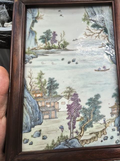 古玩陶瓷粉彩山水人物紋瓷板真品鑒賞圖