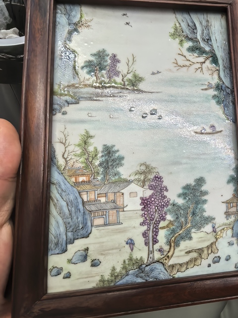 古玩陶瓷粉彩山水人物紋瓷板真品鑒賞圖