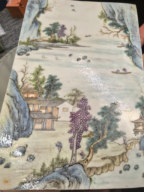 古玩陶瓷粉彩山水人物紋瓷板真品鑒賞圖