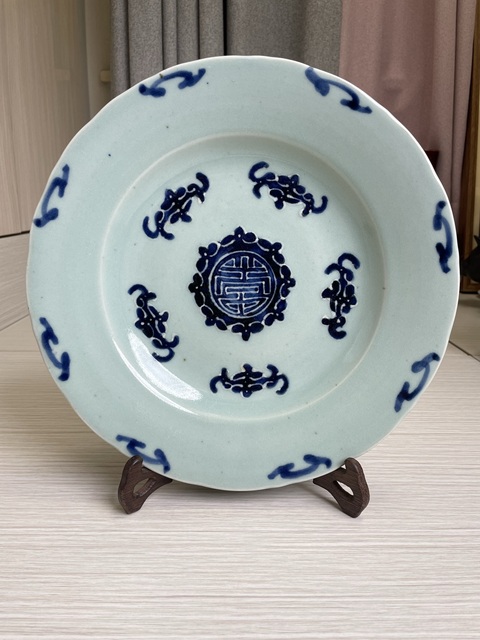 古玩陶瓷豆青釉青花五福捧壽盤真品鑒賞圖