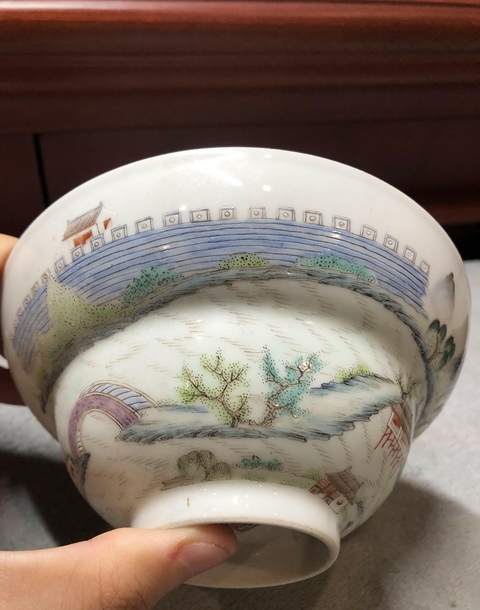 古玩陶瓷粉彩山水詩文碗真品鑒賞圖