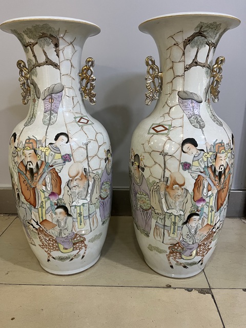 古玩字畫清未民初粉彩福祿壽人物雙耳對瓶拍賣，當前價格18000元