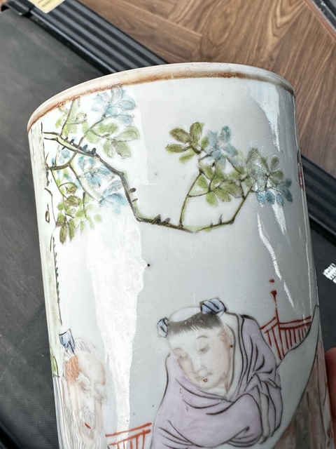 古玩陶瓷清晚期 汪永泰淺降彩帽筒真品鑒賞圖