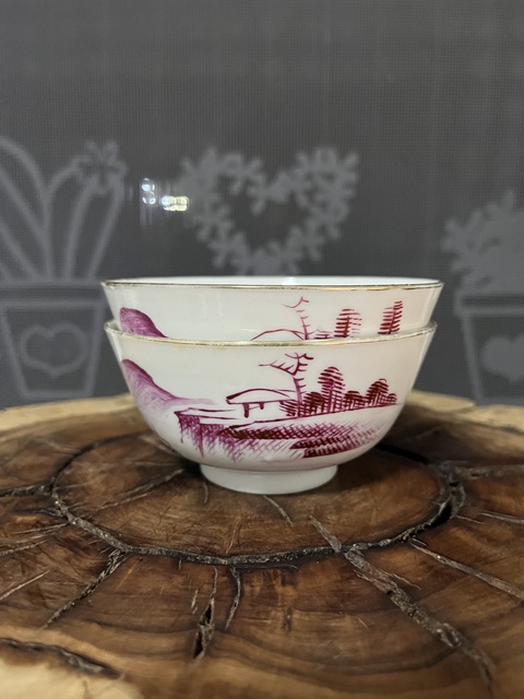 古玩陶瓷胭脂紅彩山水人物紋茶碗真品鑒賞圖
