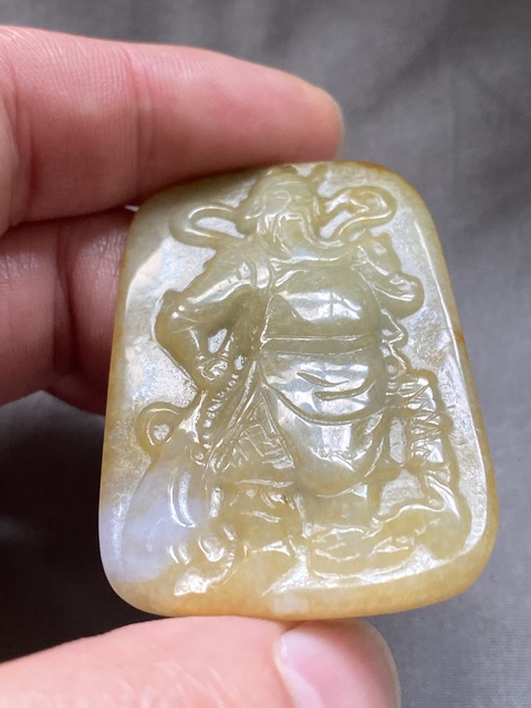 古玩玉器（一口價放漏）當代翡翠雕“關公牌”拍賣，當前價格1500元
