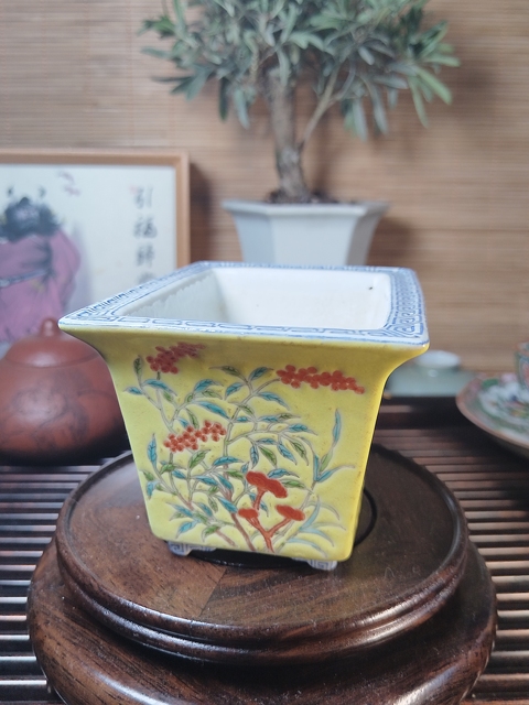 古玩陶瓷黃地粉彩花卉紋小花盆拍賣,當前價格7500元