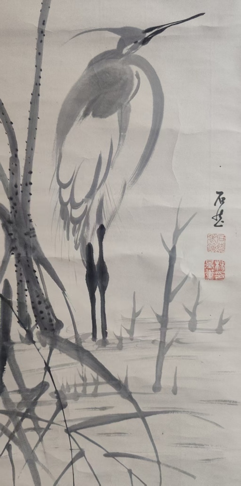 古玩字畫清代 朝鮮李朝末期著名畫家 楊石然 名基熏 枯蓮白鷺 手工原裱立軸拍賣,當前價格4988元