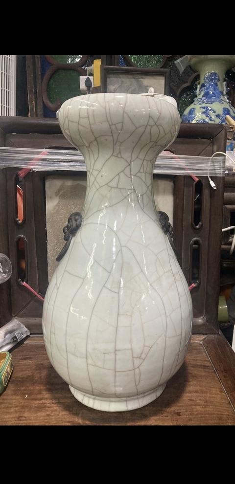 古玩陶瓷哥釉獅耳瓶真品鑒賞圖