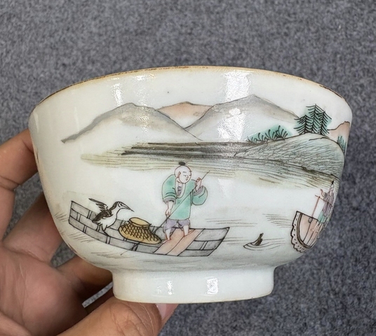 古玩陶瓷晚清 粉彩人物山水漁家樂茶碗拍賣,當前價格1800元