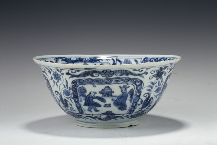 古玩陶瓷明末清初·青花開窗山水高士花卉紋大碗真品鑒賞圖