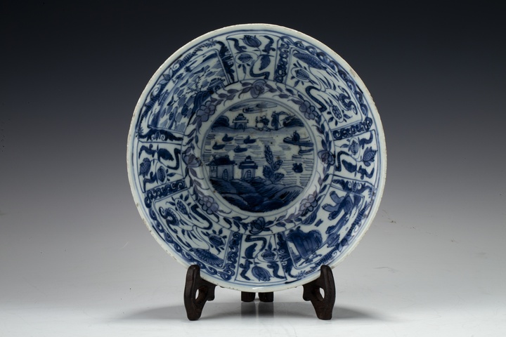 古玩陶瓷明末清初·青花開窗山水高士花卉紋大碗真品鑒賞圖