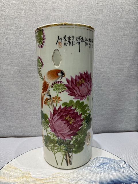 古玩陶瓷淺絳彩花鳥紋帽筒拍賣，當前價格5800元