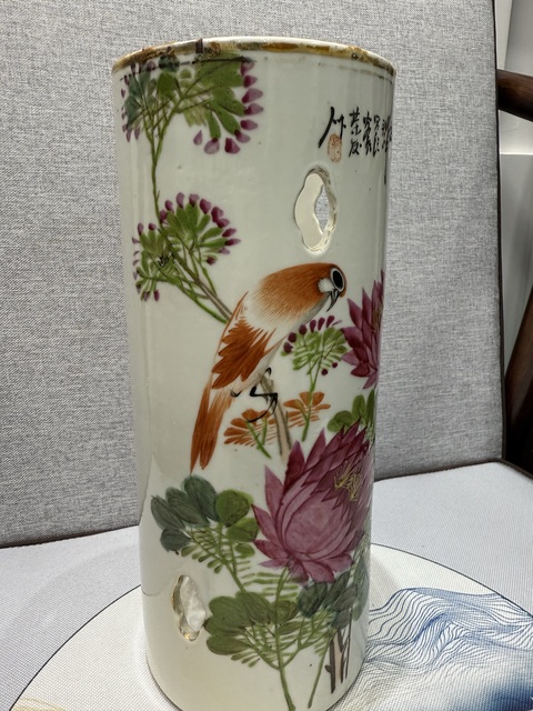 古玩陶瓷淺絳彩花鳥紋帽筒拍賣，當前價格5800元