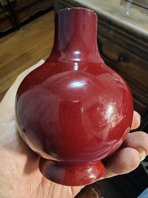 古玩陶瓷窯變紅釉撇口瓶標本真品鑒賞圖