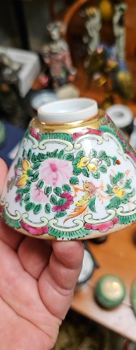 古玩陶瓷晚清民國花鳥人物紋斗笠杯拍賣，當(dāng)前價格1200元