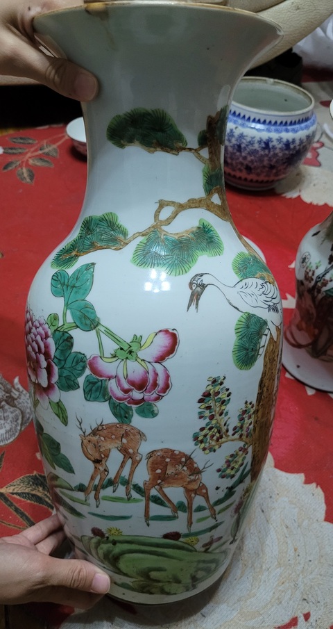 古玩陶瓷鶴鹿同春粉彩瓶真品鑒賞圖