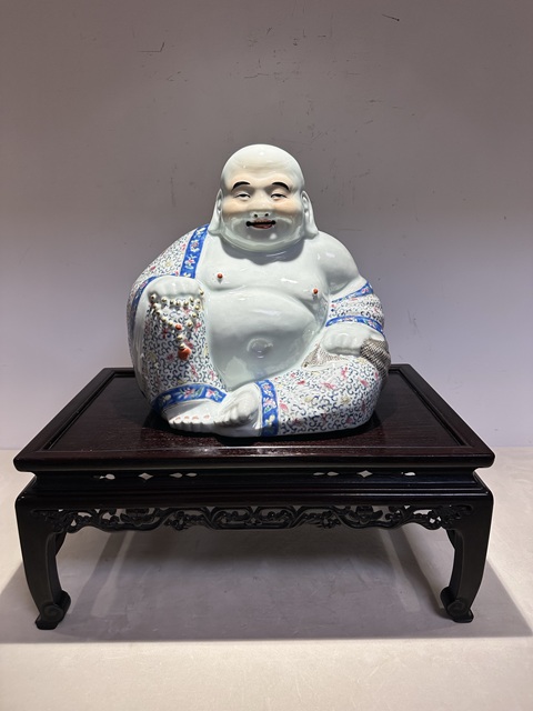 古玩陶瓷粉彩花卉彌勒瓷塑雕像真品鑒賞圖