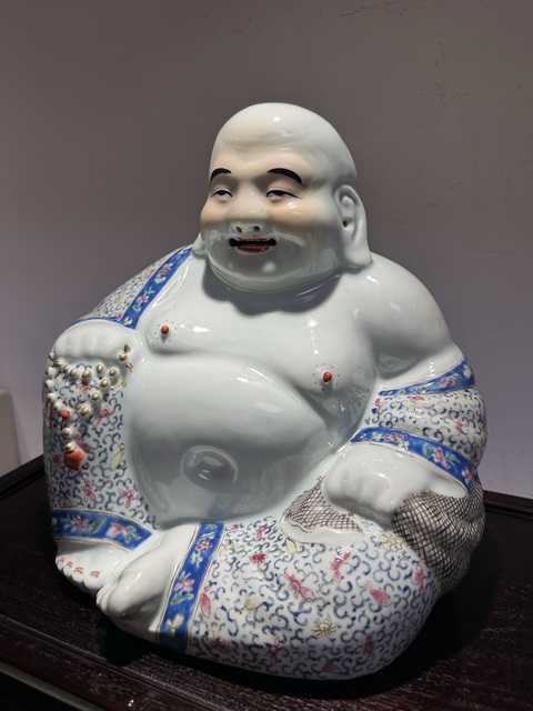 古玩陶瓷粉彩花卉彌勒瓷塑雕像真品鑒賞圖