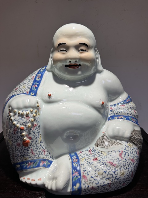 古玩陶瓷粉彩花卉彌勒瓷塑雕像真品鑒賞圖