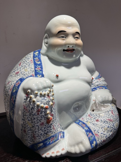 古玩陶瓷粉彩花卉彌勒瓷塑雕像真品鑒賞圖
