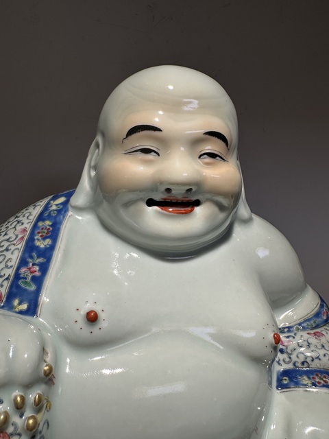 古玩陶瓷粉彩花卉彌勒瓷塑雕像真品鑒賞圖