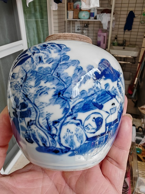 古玩陶瓷青花山水人物紋罐真品鑒賞圖