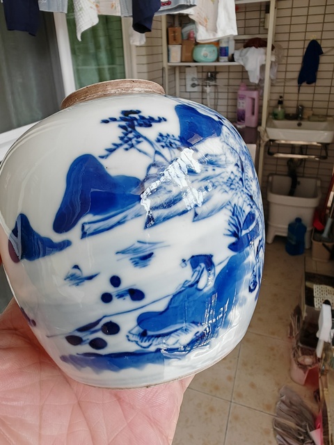 古玩陶瓷青花山水人物紋罐真品鑒賞圖