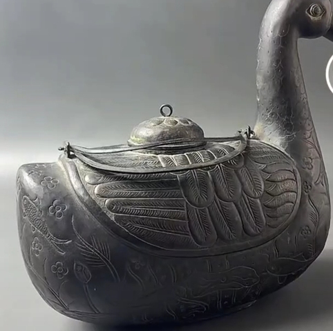 古玩銅器鴨型溫酒器真品鑒賞圖