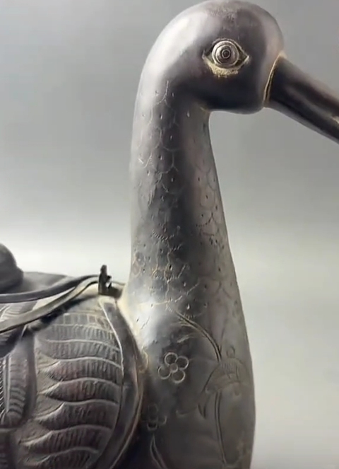 古玩銅器鴨型溫酒器真品鑒賞圖