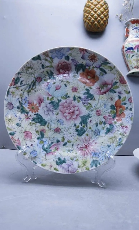 古玩陶瓷粉彩百花不落地紋折沿盤拍賣,當前價格1900元