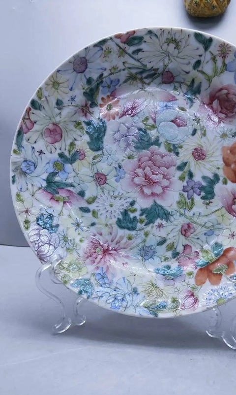 古玩陶瓷粉彩百花不落地紋折沿盤拍賣,當前價格1900元