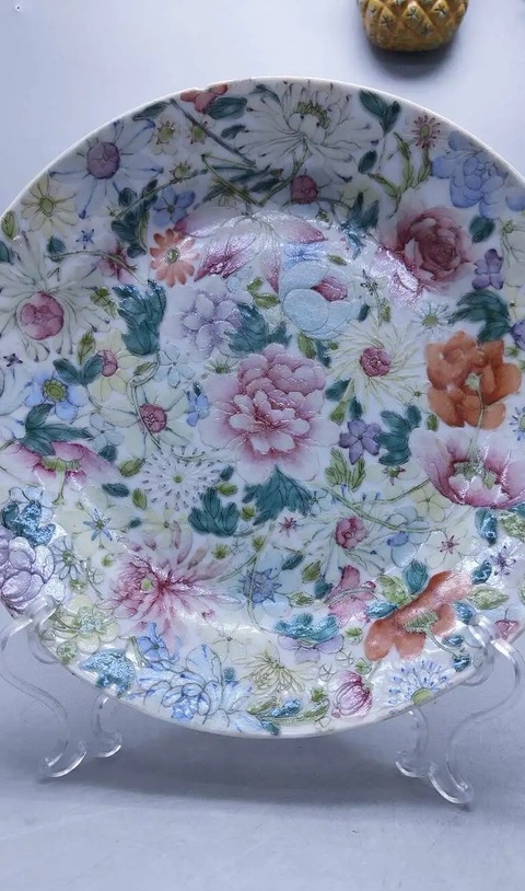 古玩陶瓷粉彩百花不落地紋折沿盤拍賣,當前價格1900元