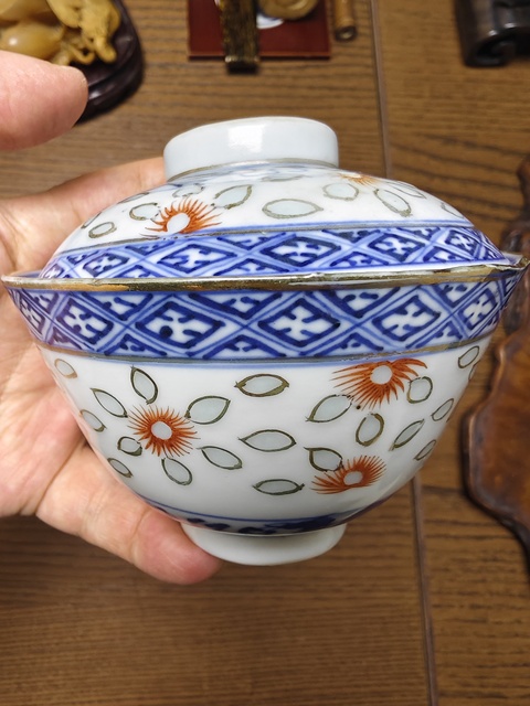 古玩陶瓷青花加彩五福捧壽蓋碗拍賣，當前價格980元