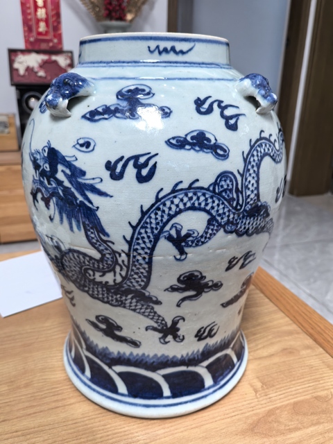 古玩陶瓷清晚期青花雙龍戲珠紋將軍罐拍賣，當前價格3980元
