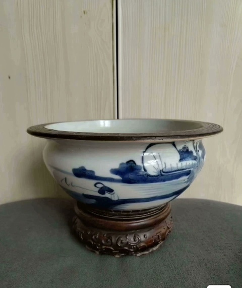 古玩陶瓷青花山水人物紋香爐真品鑒賞圖