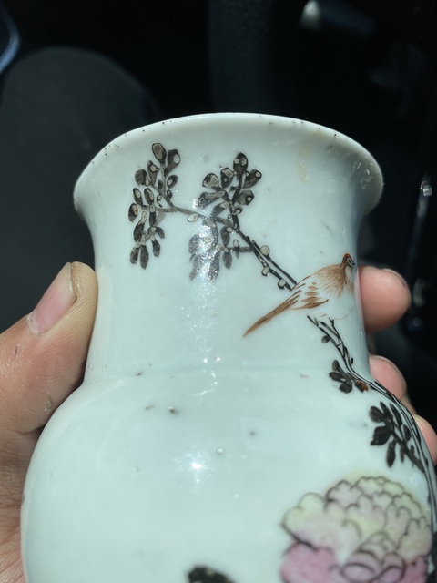 古玩陶瓷淺絳彩花鳥紋渣斗真品鑒賞圖